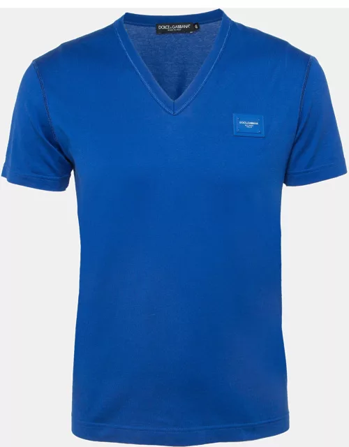 Dolce & Gabbana Blue Logo Applique Cotton Knit V-Neck T-Shirt