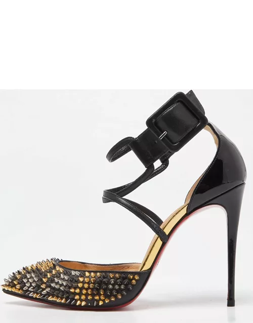 Christian Louboutin Black Leather and Patent Leather Suzanna Spikes Leo Ankle Cuff Sandal