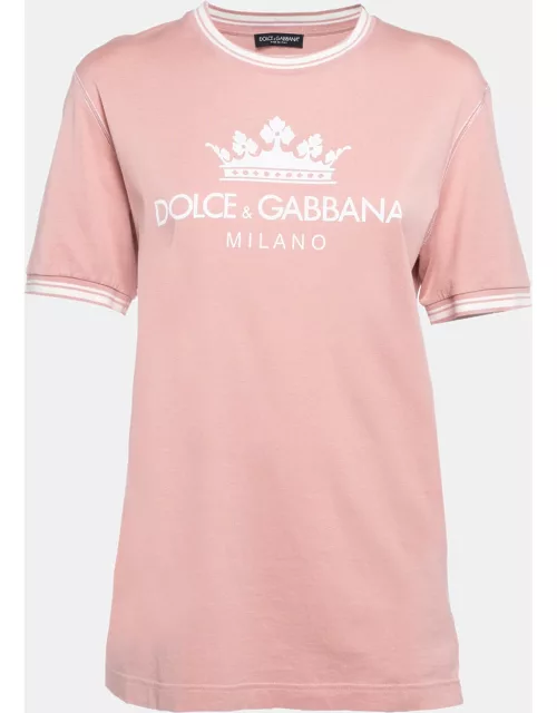 Dolce & Gabbana Pink Crown Print Cotton Knit Crew Neck T-Shirt