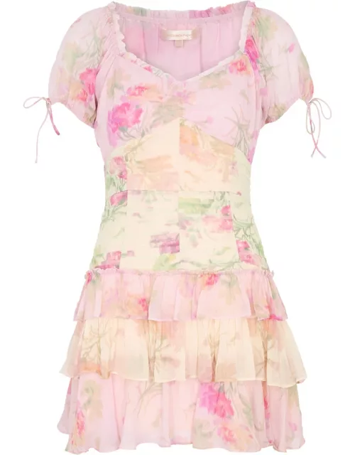 Loveshackfancy Jupe Floral-print Chiffon Mini Dress - Pink And White - 6 (UK10 / S)