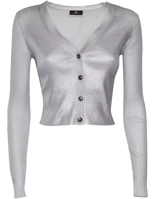 Elisabetta Franchi Cropped Silver Tricot Ribbed Sweater