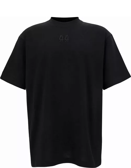 44 Label Group Black T-shirt With Logo Embroidery And Print In Cotton Man T-Shirt