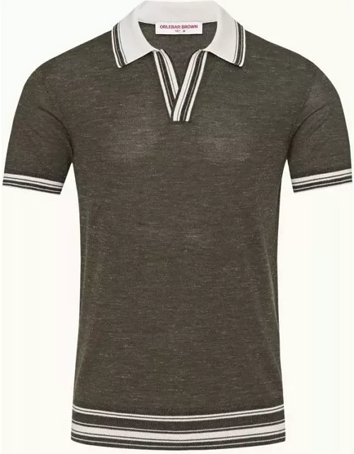 Horton Tipping - Multi-Stripe Tipping Merino-Silk Polo Shirt Knitted in Italy in Smoked Tea/White Sand colour