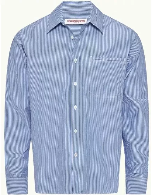 Grasmoor Stripe - Relaxed Fit Classic Collar Washed Cotton Shirt Woven In Italy In Blueberry/White Stripe