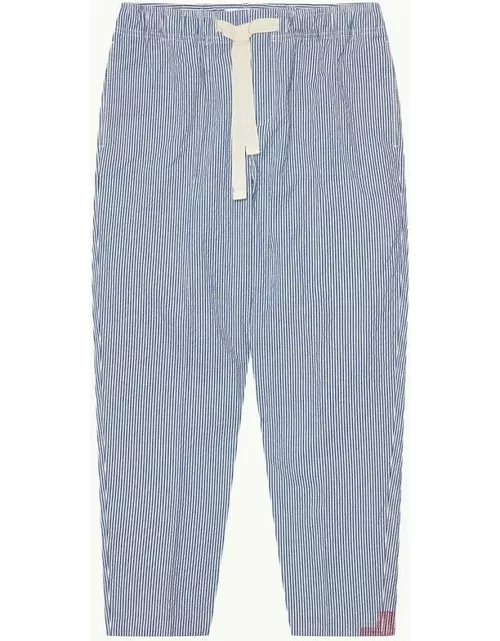 Alex Seersucker - Seersucker Relaxed Fit Drawcord Trousers in Blueberry/White Stripe