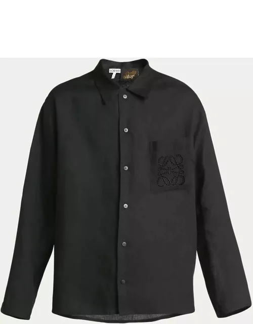 Men's Linen Embroidered Anagram Linen-Blend Shirt