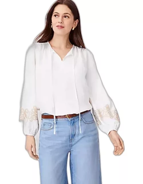 Ann Taylor Petite Embroidered Sleeve Tie Neck Top