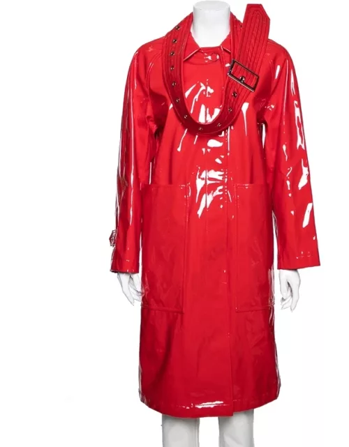 Burberry London Bright Red Faux Leather Belt Detail Coat