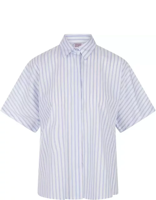 Stella Jean White And Blue Striped Shirt With Short Sleeve