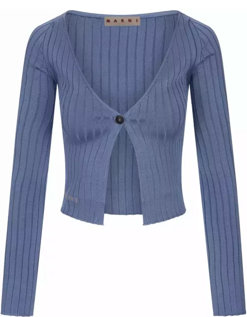 Marni Light Blue Ribbed Knit Short Cardigan