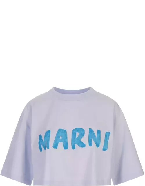 Marni Light Blue Crop T-shirt With Blue Brushed Logo