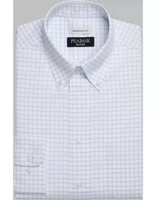 JoS. A. Bank Big & Tall Men's Traveler Collection Traditional Fit Button-Down Collar Check Dress Shirt , Blue, 16 1/2 36