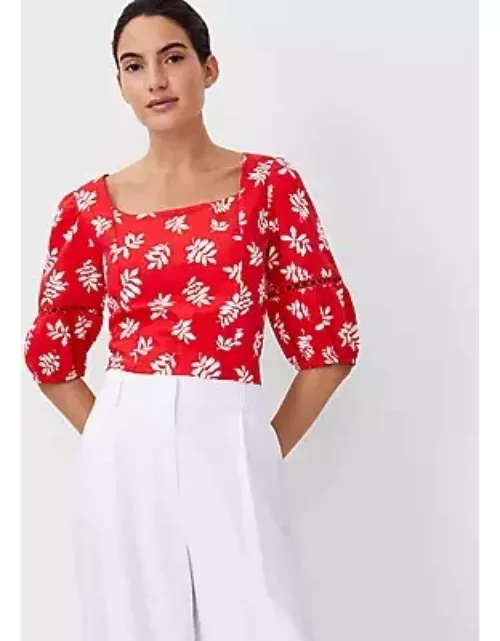 Ann Taylor Leafed Square Neck Puff Sleeve Top