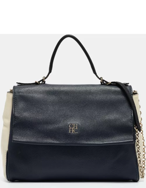 Carolina Herrera Navy Blue/White Leather Minuetto Top Handle Bag