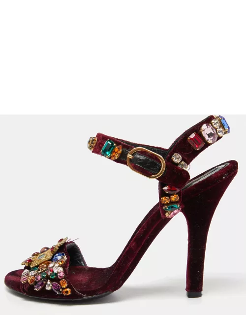 Dolce & Gabbana Burgundy Velvet Crystal Embellished Ankle Strap Sandal