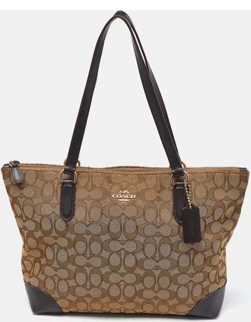 Coach Beige/Brown Signature Jacquard and Leather Zip Tote