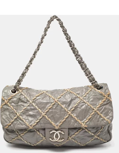 Chanel Grey Quilted Crinkled Leather Ultra Stitch Classic Flap Bag