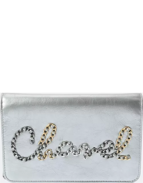 Chanel Silver Leather Written In Chain Wallet On Chain