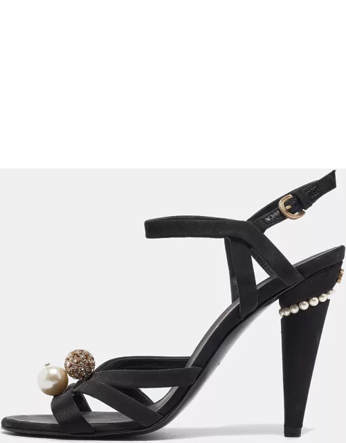 Chanel Black Satin and Canvas Ankle Strap Sandal
