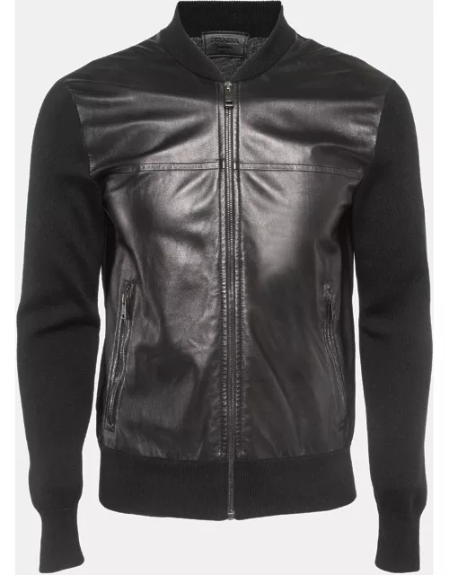 Prada Black Leather Trim Wool Zipper Jacket
