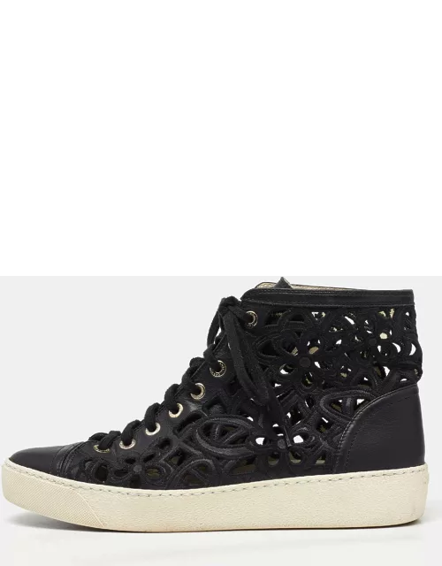 Chanel Black Leather and Lace Cut Out High Top Sneaker