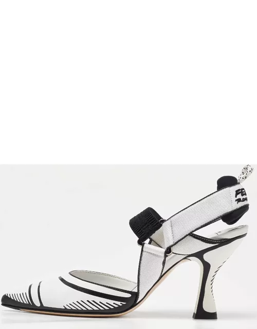 Fendi White/Black Leather and Canvas Colibri Ankle Strap Sandal