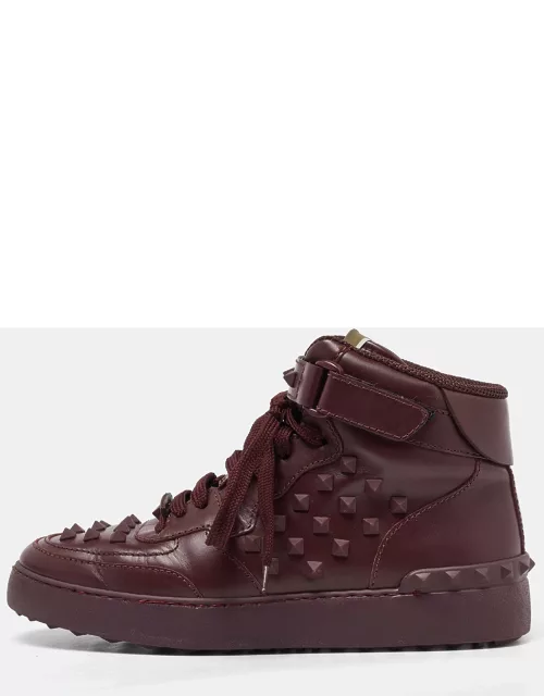 Valentino Burgundy Leather Rockstud High Top Sneaker