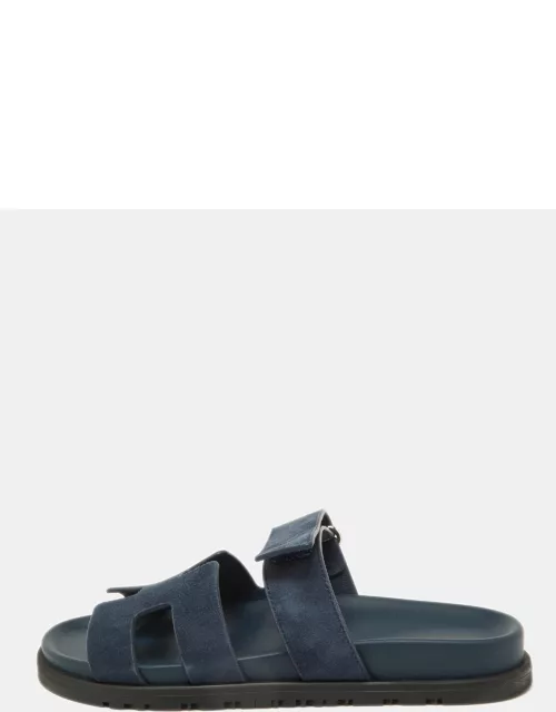 Hermes Blue Suede Chypre Velcro Strap Flat Sandal