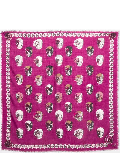 Alexander McQueen Purple Skull Print Wool Blend Fringed Scarf