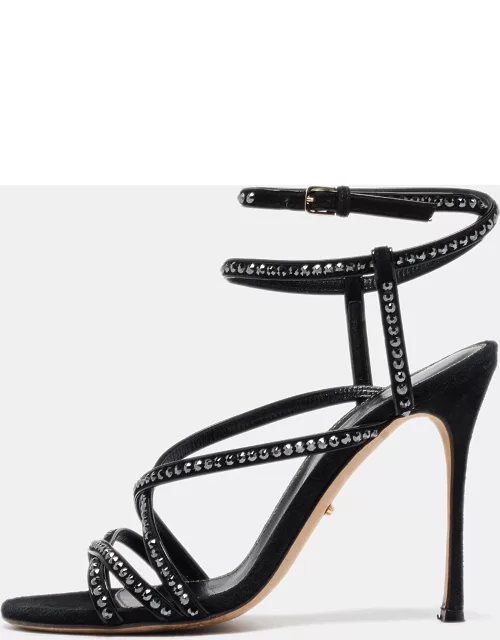Sergio Rossi Black Patent Leather and Suede Crystals Embellished Ankle Wrap Sandal