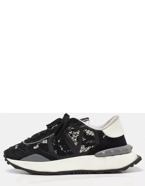 Valentino Black/White Suede and Floral Lace Lacerunner Low Top Sneaker