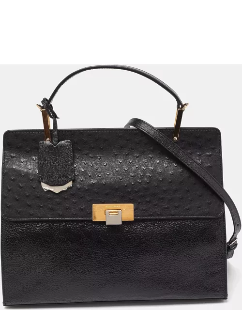 Balenciaga Black Leather and Ostrich Le Dix Cartable Top Handle Bag
