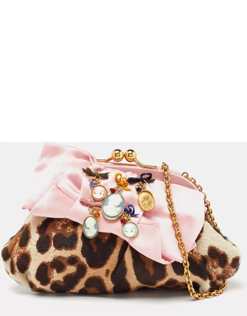 Dolce & Gabbana Brown Leopard Print Pony Hair and Satin Embellished Kisslock Chain Clutch