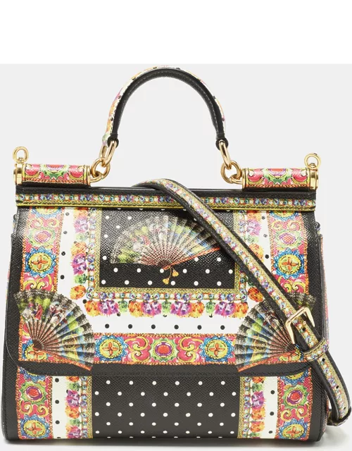 Dolce & Gabbana Multicolor Fan Foulard Printed Leather Medium Sicily Top Handle Bag