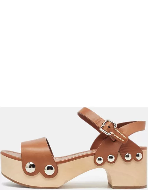 Prada Brown Leather Wooden Platform Ankle Strap Sandal