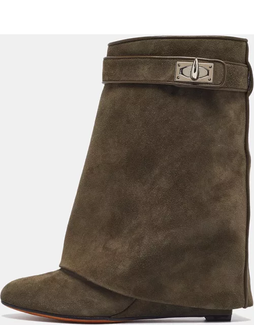 Givenchy Olive Green Suede Shark Lock Wedge Ankle Boot