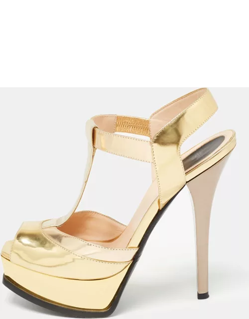 Fendi Gold Leather Platform T-Bar Ankle Strap Sandal
