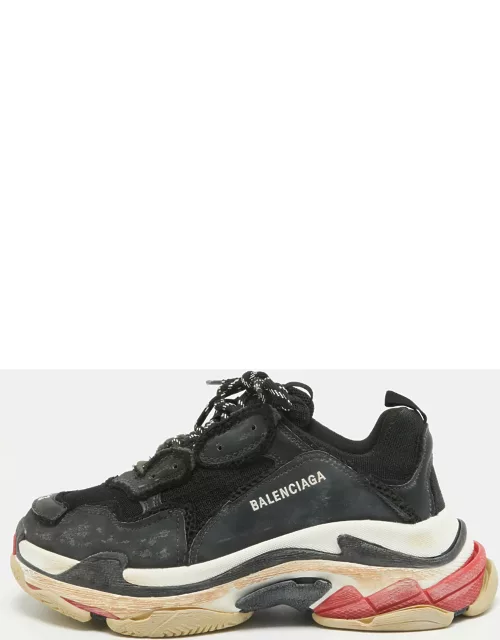 Balenciaga Black Faux Leather and Mesh Distressed Triple S Sneaker