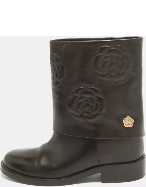 Chanel Brown Leather Camellia Ankle Boot