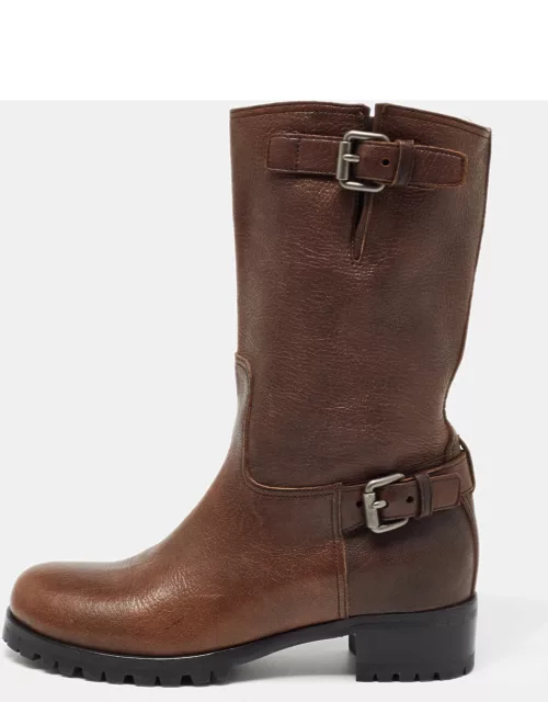 Prada Brown Leather Buckle Detail Mid Calf Length Boot