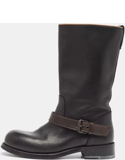 Bottega Veneta Black/Brown Leather Buckle Detail Mid Calf Boot