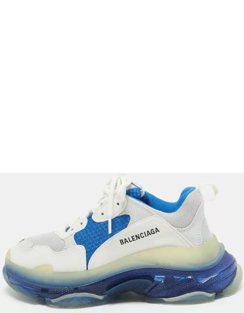 Balenciaga White/Blue Leather and Mesh Triple S Clear Sole Sneaker