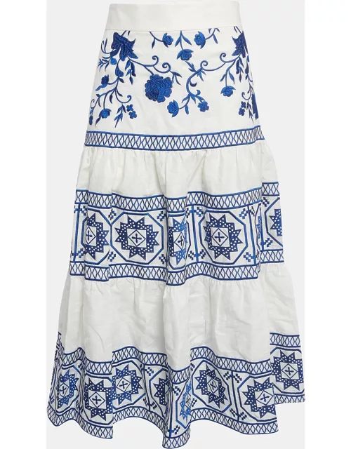 Alexis White/Blue Embroidered Linen Midi Skirt