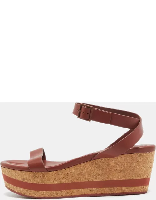 See by Chloe Brown Leather Cork Wedge Platform Ankle Strap Sandal