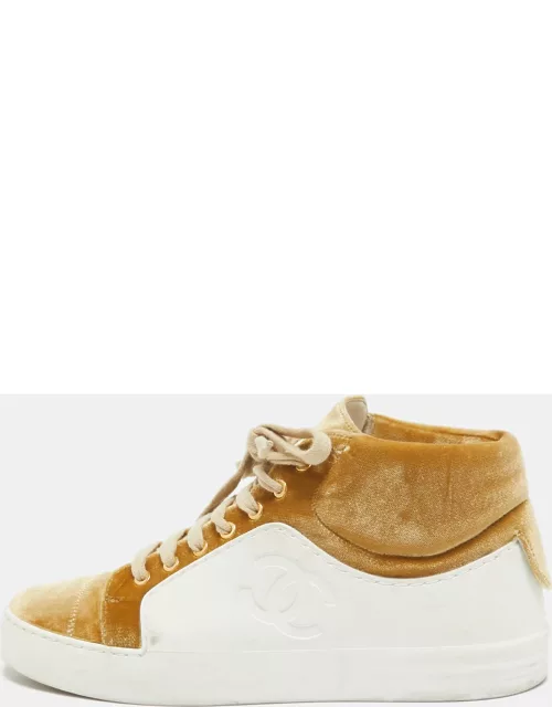 Chanel Gold/White Velvet and Rubber CC High Top Sneaker