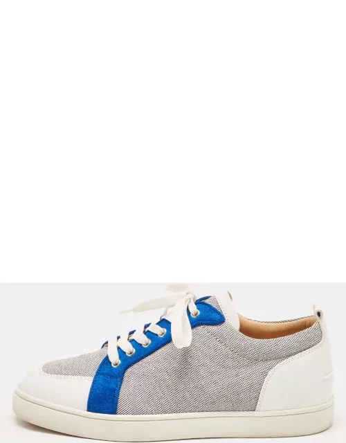 Christian Louboutin White/Navy Blue Leather and Woven Fabric Rantulow Low Top Sneaker
