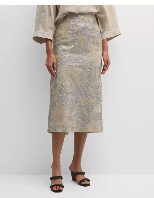 Linen Midi Skirt with Paillette Magnolia Embroidery