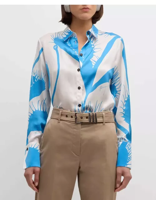 Venus-Print Silk Button-Down Shirt