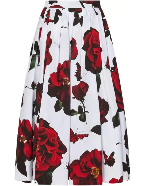 Alexander McQueen Tudor Rose Print Pleated Midi Skirt In Cotton Woman