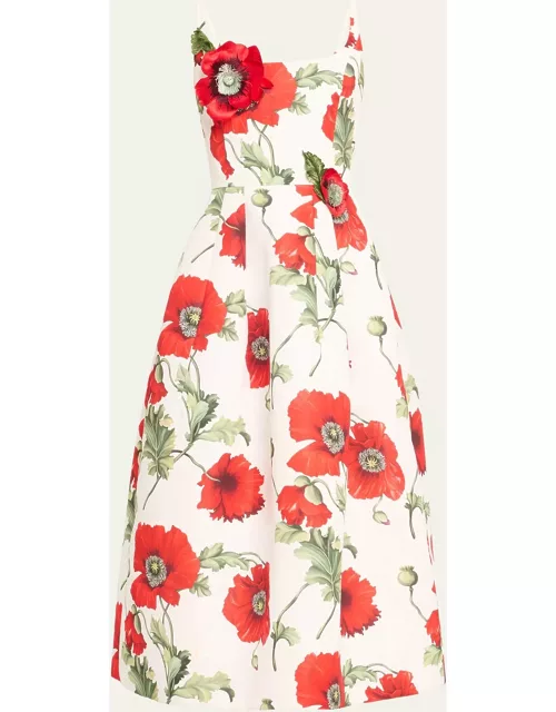 Poppies-Print Flower-Applique Scoop-Neck Sleeveless Midi Dres